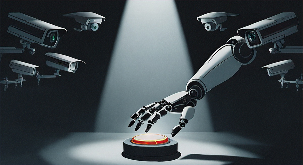 Editorial illustration: a robotic hand reaches for a glowing override button while surveillance cameras watch from every angle