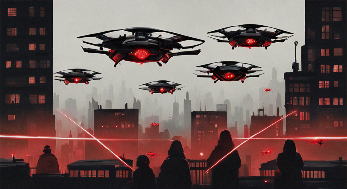 Editorial illustration: autonomous drones with red targeting lasers hover over a dark city skyline while citizens look up in fear
