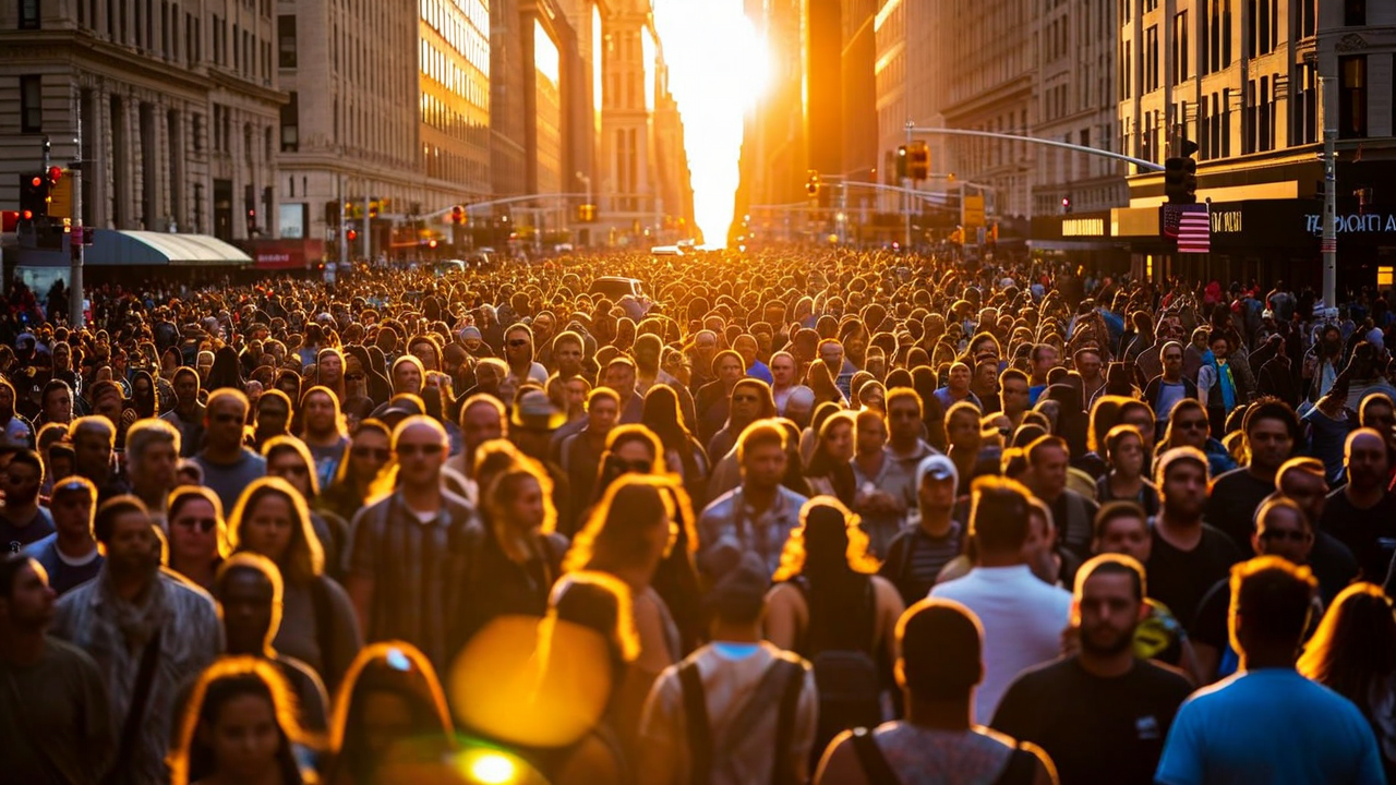 A massive crowd marching at golden hour
