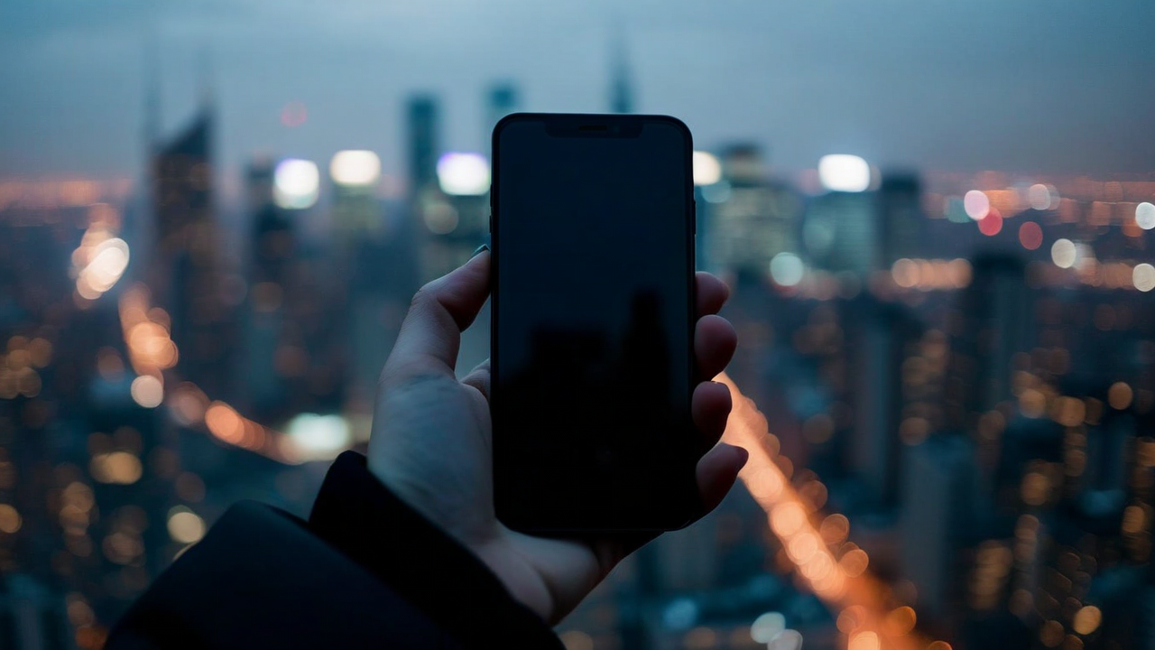 Dark phone against dimming city